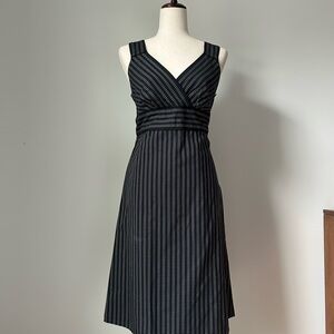 LOFT Black and White Midi Dress with Ruched Tie Front and V-Neck